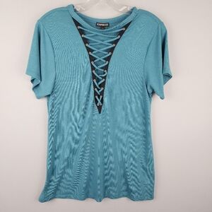 Express  Blue Shirt - Teal Lace-Up  Sz Small